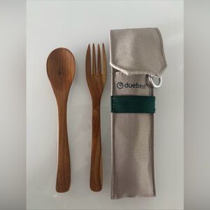 New! Duebest Reusable teak wood Spoon And Fork Set With Holder Travel Picnic